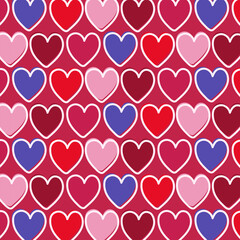 Seamless pattern of colorful heart shapes with white outline on a red background. Love concept for Saint Valentine's Day greeting card design.