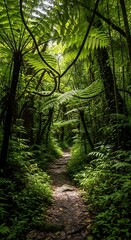 Fototapeta premium Serene forest path with lush greenery.