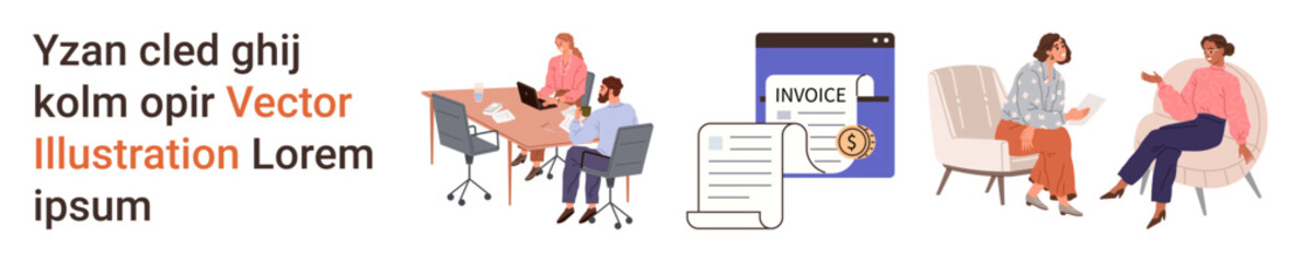 Fototapeta premium Business transactions, teamwork, financial planning, online payments, invoicing, digital tools. People discussing at a table, digital invoice seated conversation. Business transactions and teamwork