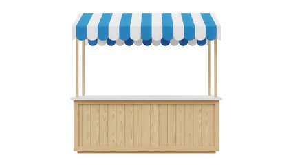 Wooden market stall with blue and white striped awning isolated PNG, fairground booth for selling food or products on transparent background