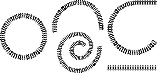 Railway Track Vector Illustration Set, Curved and Circular Train Tracks, Rail Path Patterns, Transport Infrastructure Design, Logistics and Travel Concept, Isolated Elements © IconicCreations