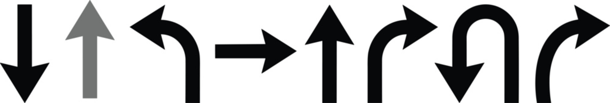 Black Navigation Arrows Set, Directional Pointer Icons, Curved and Straight Move Symbols, UI Design Elements, Minimalist Traffic Signs, Wayfinding Vector Graphics