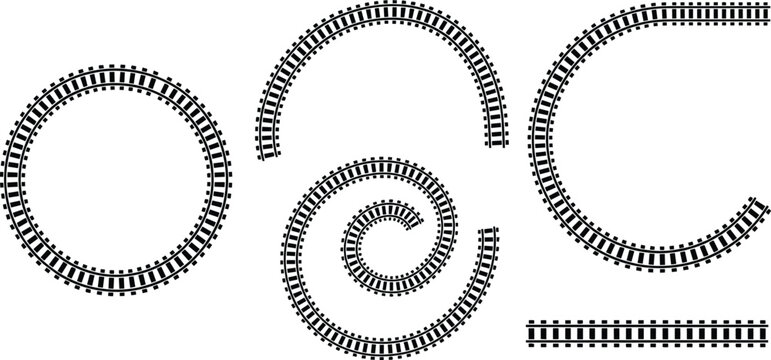 Railway Track Vector Illustration Set, Curved and Circular Train Tracks, Rail Path Patterns, Transport Infrastructure Design, Logistics and Travel Concept, Isolated Elements