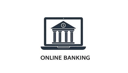 Graphic of a laptop displaying a classical building, symbolizing online financial services