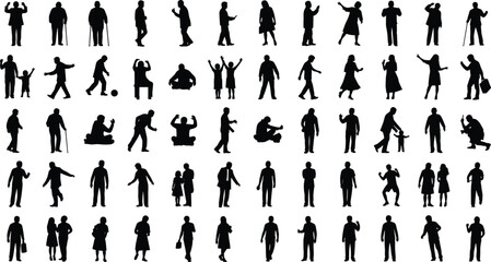 Set of diverse people silhouettes walking dancing sitting and elderly figures group cad drawing flat vector illustration for architectural scale