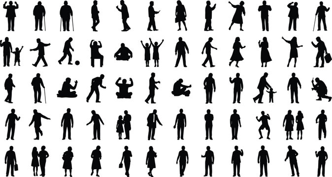 Set of diverse people silhouettes walking dancing sitting and elderly figures group cad drawing flat vector illustration for architectural scale