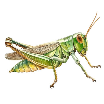 Grasshopper, watercolor illustration featuring soft shadows and luminous, isolated on a white background.