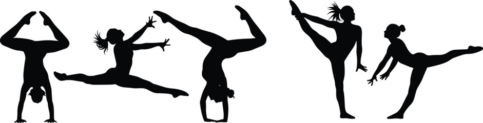 Set of gymnastics silhouettes female athletes performing yoga poses handstands and splits cad drawing flat vector illustration for sports design