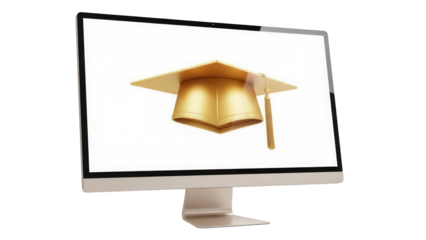 Golden graduation cap on computer screen isolated PNG, academic achievement and online education concept for graduation ceremony