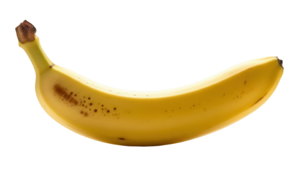 Ripe yellow banana isolated PNG, tropical fruit with brown spots for healthy eating and snack, on transparent background