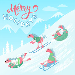 Fototapeta premium Merry Holidays winter greeting illustration with funny pink horses skiing, sledding and tubing in snowy mountains. Cute cartoon style, festive mood, Christmas and New Year design.