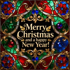 Stained glass window with Merry Christmas and Happy New Year greeting on a dark background with festive decor 