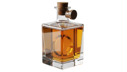 Square glass decanter with cork stopper filled with amber liquid isolated PNG, vintage liquor bottle for bar and spirits
