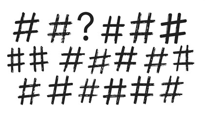 Graphic with a question mark and multiple hashtag symbols arranged in a visually engaging, scattered pattern against a solid white background