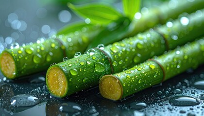 Vibrant, dewy bamboo stalks rest on a reflective, dark surface in this close-up shot.