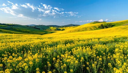 Obraz premium Vibrant rolling hills covered in a vast field of bright yellow rapeseed flowers under a blue sky.