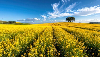 Vast golden canola field under a vibrant blue sky with wispy clouds and a solitary tree on the horizon.