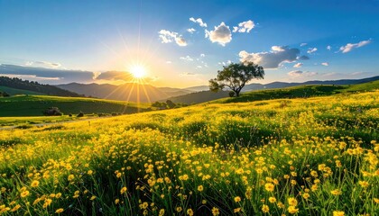 Vibrant golden meadow bathed in bright sunset light over rolling hills.