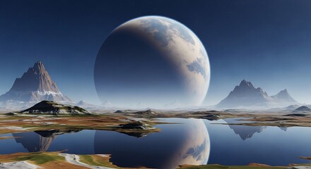 Fantasy landscape with large moon and mountains.