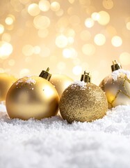 Golden Christmas ornaments resting in artificial snow with a soft bokeh background.