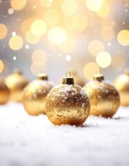 Golden Christmas ornaments rest on fresh snow under warm bokeh lights.
