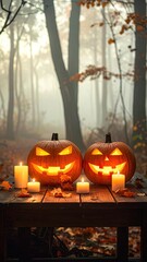 Two glowing jack-o'-lanterns sit on a rustic wooden table surrounded by flickering candles in a foggy autumn forest.