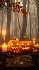 Two glowing jack-o'-lanterns sit on a rustic wooden table surrounded by lit candles in a misty autumn forest.