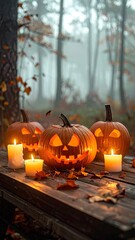 Three glowing Jack-o'-lanterns illuminate a misty autumn forest scene.