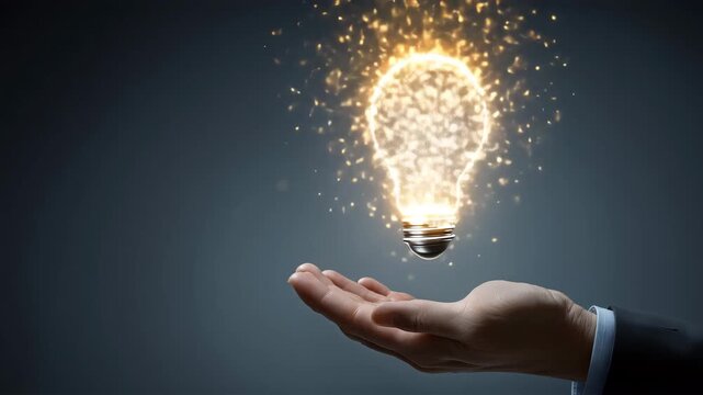 光で電球の形を作る日本人男性のクリエイティブ表現