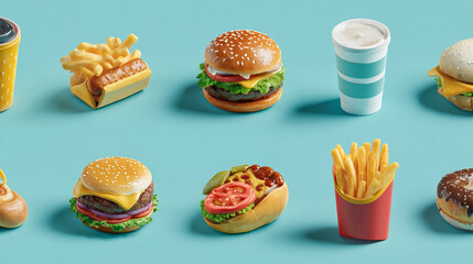 Seamless Isometric 3D Pattern of Minimalist Fast Food Icons on a Blue Background.