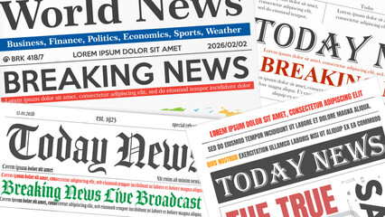 Fototapeta premium Newspaper. Vector collage of vintage and modern newspaper front pages with bold BREAKING NEWS headlines, world news titles and colorful banners for media, journalism, press and communication concepts