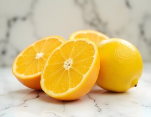 Sliced citrus fruits displayed on a marble countertop.