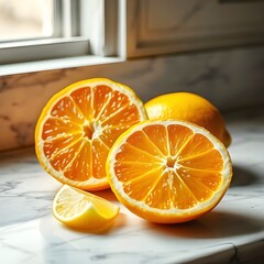 Sliced citrus fruits displayed on a marble countertop.