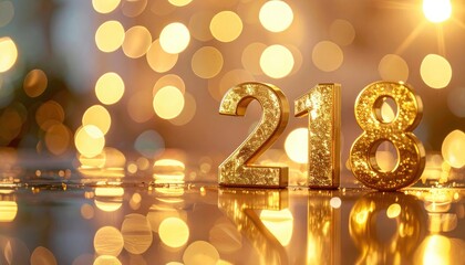 Golden glitter numbers '218' displayed against a warm bokeh background.