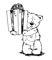Gift-Bearing Teddy Bear: An adorable, hand-drawn teddy bear holds a beautifully wrapped gift box, exuding warmth and love, perfect for any special occasion.
