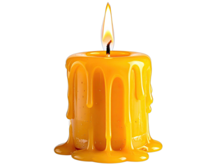 Glowing candle with melted wax, flame in warm orange hues, isolated against a black background