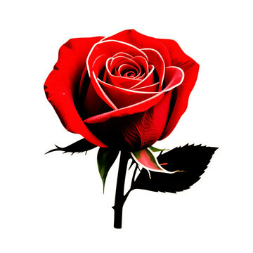 Realistic red rose flower with green leaves isolated.