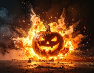 A fiercely glowing Jack-o'-lantern explodes amidst intense fire and smoke.