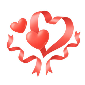 Red hearts with decorative swirling ribbon for Valentine's Day.