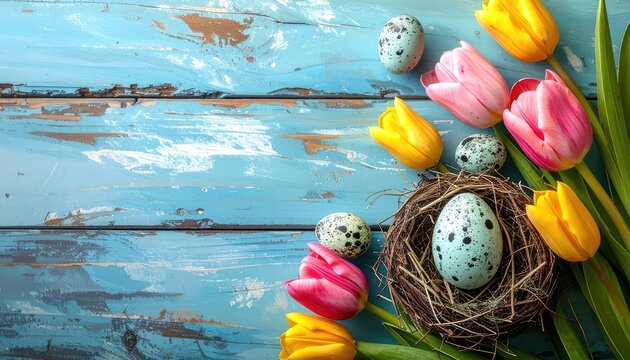 Vibrant Easter still life featuring speckled eggs and colorful tulips on distressed blue wood.