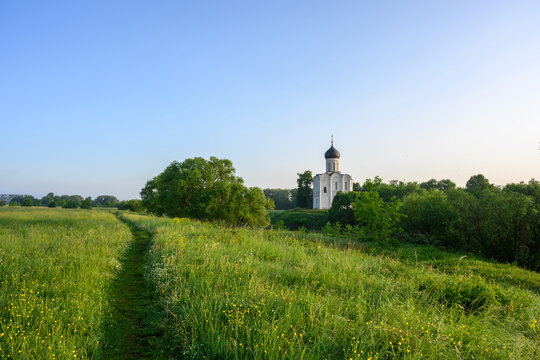 Church of the Intercession on the Nerl at Sunrise, Scenic Summer Meadow Landscape near Vladimir, Russia