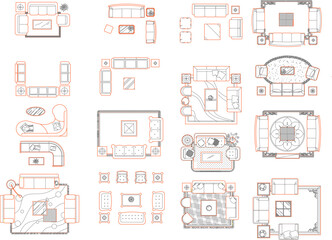 Obraz premium A large vector collection of top-view furniture symbols featuring various sofa layouts, armchairs, and coffee tables for interior design plans.