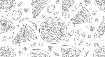 Delicious pizza slices and whole pizzas line art pattern.