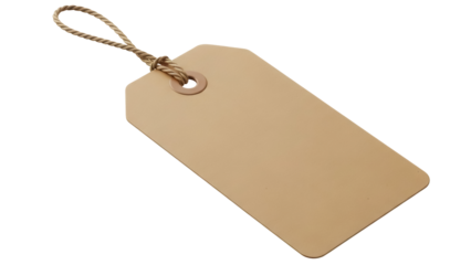 Blank beige tag with rope isolated PNG, price label for retail, product branding and merchandise, on transparent background