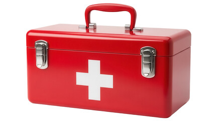 Red first aid kit isolated PNG, medical emergency box with handle and cross symbol on transparent background, healthcare equipment
