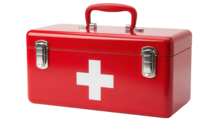 Red first aid kit isolated PNG, medical emergency box with handle and cross symbol on transparent background, healthcare equipment
