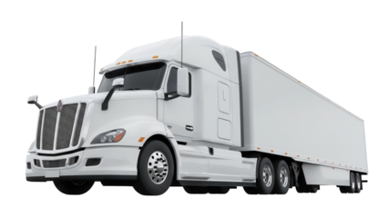 Modern white semi-truck with trailer isolated PNG, commercial vehicle for freight transport and logistics on transparent background
