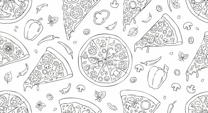 Delicious pizza slices and whole pizzas line art pattern.