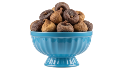 Dried figs in a blue bowl isolated PNG, sweet fruit snack on transparent background, healthy eating and Mediterranean diet