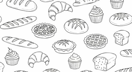 Hand drawn bakery products in a seamless repeating pattern.